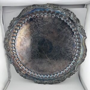 Baroque by Wallace Baroque Round Serving Tray 15in Silver-tone Etched Footed 249